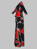 Spring & Autumn Women's Fashion Elegant Wrap V-Neck Half-Sleeve Print Belt Maxi Dress