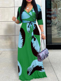 Spring & Autumn Women's Fashion Elegant Wrap V-Neck Half-Sleeve Print Belt Maxi Dress