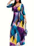 Spring & Autumn Women's Fashion Elegant Wrap V-Neck Half-Sleeve Print Belt Maxi Dress