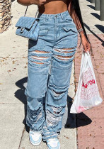 Street Ripped Pocket Patchwork Denim Straight-Leg Pants Street Ripped Pocket Patchwork Denim Straight-Leg Pants