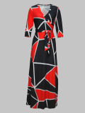 Spring & Autumn Women's Fashion Elegant Wrap V-Neck Half-Sleeve Print Belt Maxi Dress