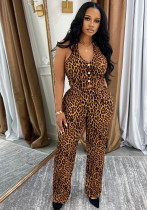 Fashion Leopard Print Sexy Sleeveless Two Piece Loose Pants Set