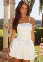 Spring Sweet Elegant Slim Waist Satin Strapless Bubble Short Dress