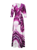 Spring & Autumn Women's Fashion Elegant Wrap V-Neck Half-Sleeve Print Belt Maxi Dress