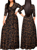 Spring & Autumn Women's Fashion Elegant Wrap V-Neck Half-Sleeve Print Belt Maxi Dress