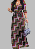 Spring & Autumn Women's Fashion Elegant Wrap V-Neck Half-Sleeve Print Belt Maxi Dress