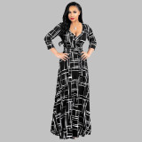 Spring & Autumn Women's Fashion Elegant Wrap V-Neck Half-Sleeve Print Belt Maxi Dress