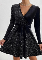 Spring Women's Fashion Elegant Long-Sleeve V-Neck Sequin Dress Spring Women's Fashion Elegant Long-Sleeve V-Neck Sequin Dress