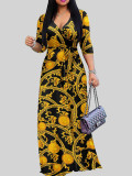 Spring & Autumn Women's Fashion Elegant Wrap V-Neck Half-Sleeve Print Belt Maxi Dress