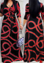 Spring & Autumn Women's Fashion Elegant Wrap V-Neck Half-Sleeve Print Belt Maxi Dress