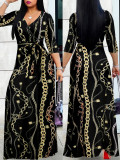 Spring & Autumn Women's Fashion Elegant Wrap V-Neck Half-Sleeve Print Belt Maxi Dress