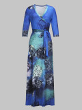 Spring & Autumn Women's Fashion Elegant Wrap V-Neck Half-Sleeve Print Belt Maxi Dress