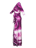Spring & Autumn Women's Fashion Elegant Wrap V-Neck Half-Sleeve Print Belt Maxi Dress