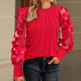 Autumn Long-Sleeve Fashion Mesh Patchwork Round Neck Blouse