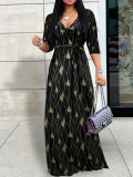 Spring & Autumn Women's Fashion Elegant Wrap V-Neck Half-Sleeve Print Belt Maxi Dress