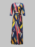 Spring & Autumn Women's Fashion Elegant Wrap V-Neck Half-Sleeve Print Belt Maxi Dress