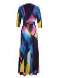 Spring & Autumn Women's Fashion Elegant Wrap V-Neck Half-Sleeve Print Belt Maxi Dress