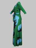 Spring & Autumn Women's Fashion Elegant Wrap V-Neck Half-Sleeve Print Belt Maxi Dress
