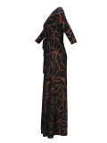 Spring & Autumn Women's Fashion Elegant Wrap V-Neck Half-Sleeve Print Belt Maxi Dress