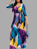 Spring & Autumn Women's Fashion Elegant Wrap V-Neck Half-Sleeve Print Belt Maxi Dress
