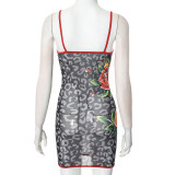 Spring & Summer Women's Strappy Round Neck Floral Print See-Through Mesh Bodycon Dress