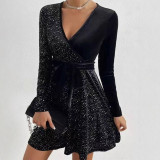 Spring Women's Fashion Elegant Long-Sleeve V-Neck Sequin Dress