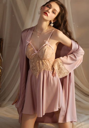 Deep V neck Lace Bow Satin Night Dress Robe Two Piece Sleepwear Set