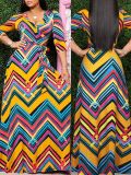 Spring & Autumn Women's Fashion Elegant Wrap V-Neck Half-Sleeve Print Belt Maxi Dress