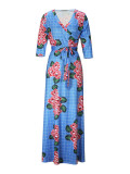 Spring & Autumn Women's Fashion Elegant Wrap V-Neck Half-Sleeve Print Belt Maxi Dress