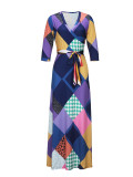 Spring & Autumn Women's Fashion Elegant Wrap V-Neck Half-Sleeve Print Belt Maxi Dress