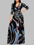 Spring & Autumn Women's Fashion Elegant Wrap V-Neck Half-Sleeve Print Belt Maxi Dress