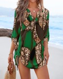 Spring & Autumn Fashion Print V-Neck Side Drawstring Short Dress