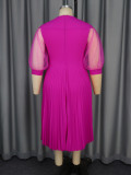 Plus Size Mesh Patchwork Lantern Formal Party Dress Career A-Line Pleated Dress