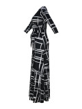 Spring & Autumn Women's Fashion Elegant Wrap V-Neck Half-Sleeve Print Belt Maxi Dress