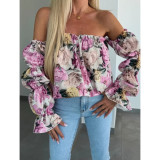Off-Shoulder Solid Color Sexy Floral Print Long-Sleeve Shirt