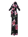 Spring & Autumn Women's Fashion Elegant Wrap V-Neck Half-Sleeve Print Belt Maxi Dress