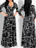Spring & Autumn Women's Fashion Elegant Wrap V-Neck Half-Sleeve Print Belt Maxi Dress