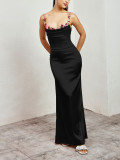 Summer Sexy Strap Low Back Lace-Up Embroidered Long Dress