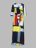 Spring & Autumn Women's Fashion Elegant Wrap V-Neck Half-Sleeve Print Belt Maxi Dress