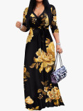Spring & Autumn Women's Fashion Elegant Wrap V-Neck Half-Sleeve Print Belt Maxi Dress