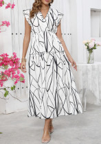 Fashion Flutter Sleeve Summer Print Ruffle Edge V-Neck Slim Waist Long Dress