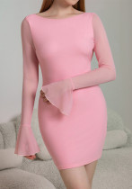 Mesh Bell Sleeve Sexy Low Back Bow Detail Short Dress Mesh Bell Sleeve Sexy Low Back Bow Detail Short Dress