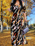 Spring & Autumn Women's Fashion Elegant Wrap V-Neck Half-Sleeve Print Belt Maxi Dress