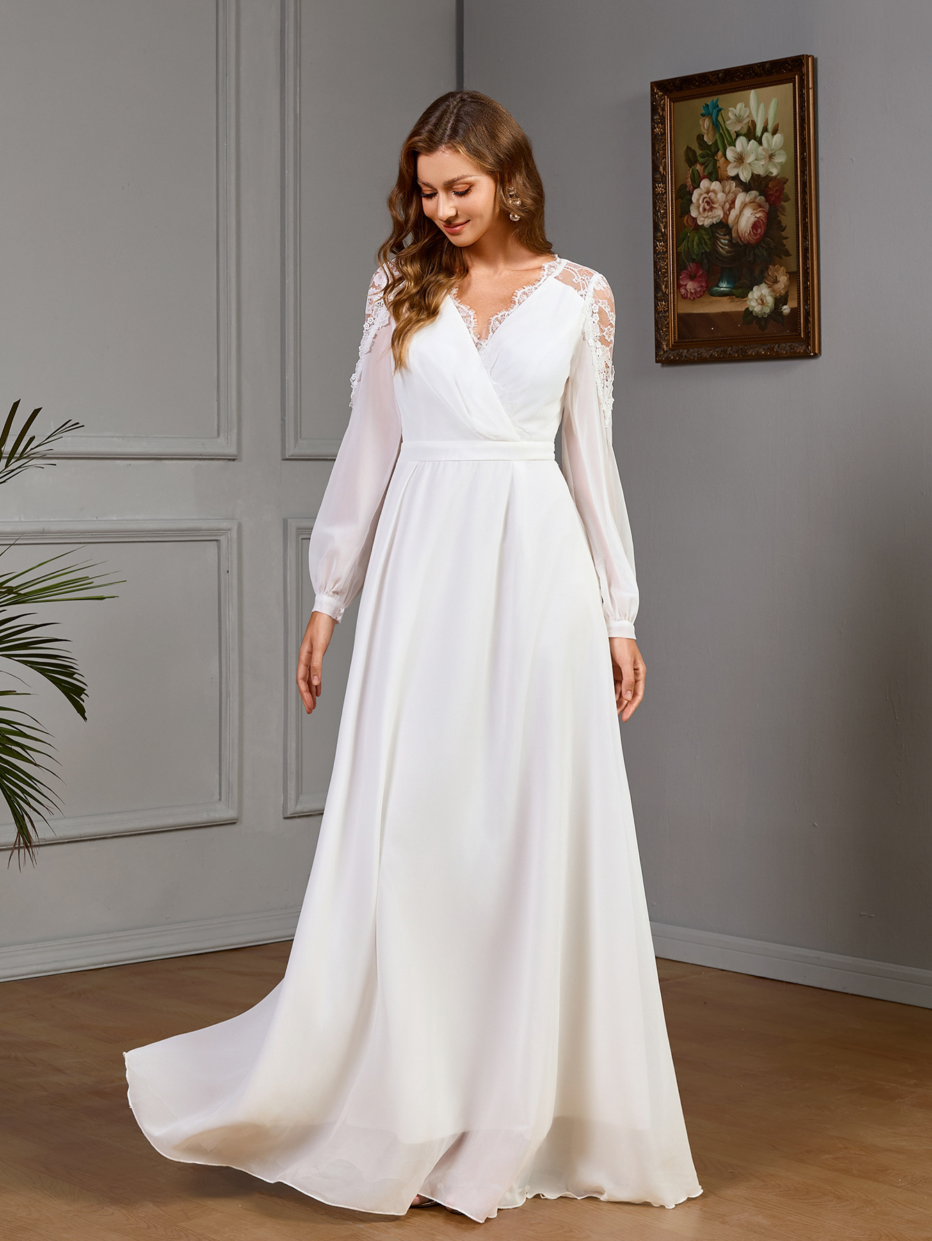 Lace Patchwork Long Slim Waist Elegant Evening Dress Chiffon Wedding Gown