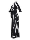 Spring & Autumn Women's Fashion Elegant Wrap V-Neck Half-Sleeve Print Belt Maxi Dress