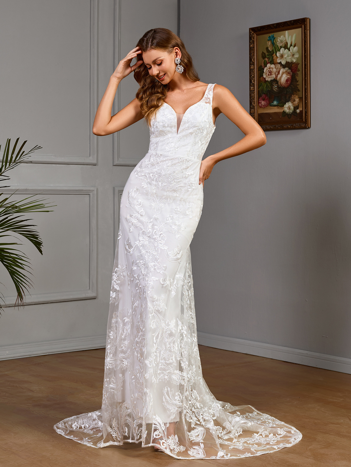 Women's White Lace Wedding Dress Bridal Gown