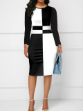 Plus Size Women's Fashion Casual Color Block High Waist Round Neck Long-Sleeve Bodycon Dress