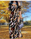 Spring & Autumn Women's Fashion Elegant Wrap V-Neck Half-Sleeve Print Belt Maxi Dress