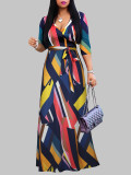 Spring & Autumn Women's Fashion Elegant Wrap V-Neck Half-Sleeve Print Belt Maxi Dress