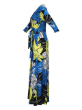 Spring & Autumn Women's Fashion Elegant Wrap V-Neck Half-Sleeve Print Belt Maxi Dress
